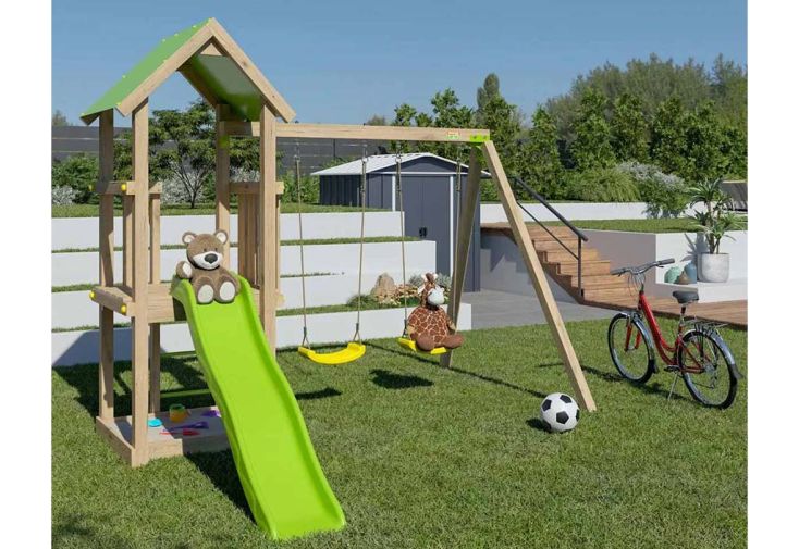 Aire de jeux en bois portique double et toboggan – Easy Xperience