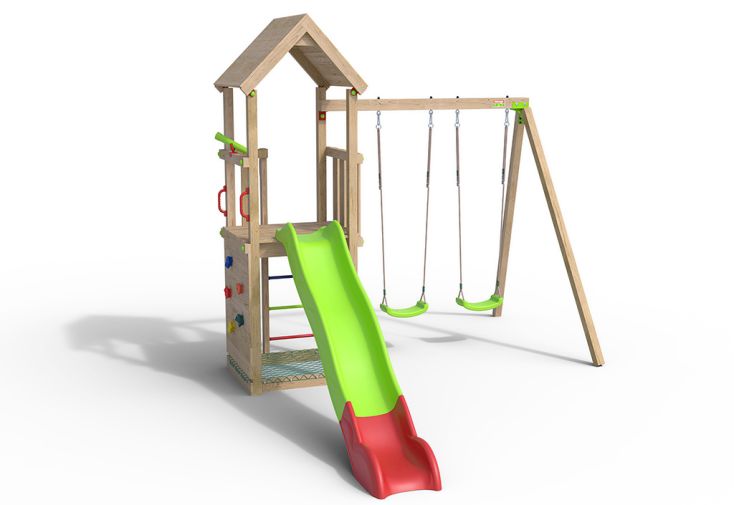 Aire de jeux en bois pour enfant : portique, cabane, balançoire