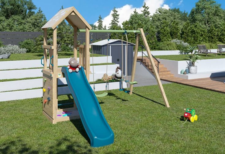 Aire de jeux bois avec toboggan, escalade, balançoires - Player Xstyl
