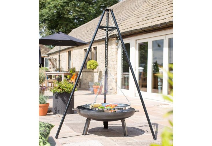 Brasero en acier Pittsburgh Ø 80 cm + trépied et grille de cuisson