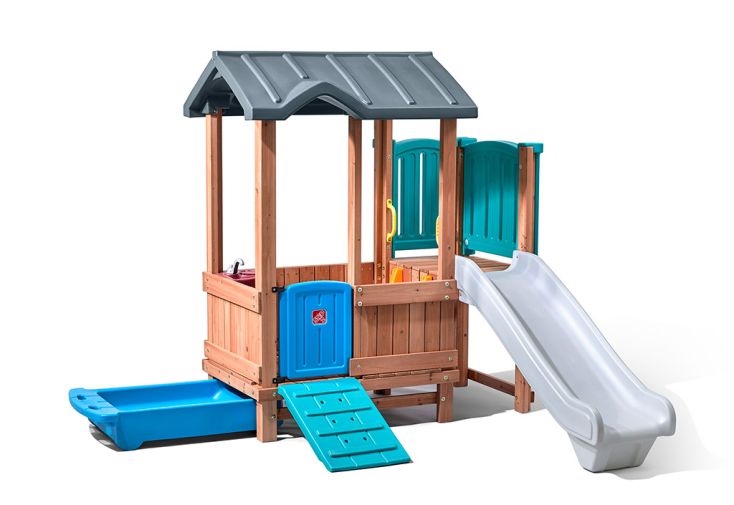 Aire de Jeux en Bois et Plastique avec Cabane et Toboggan Woodland