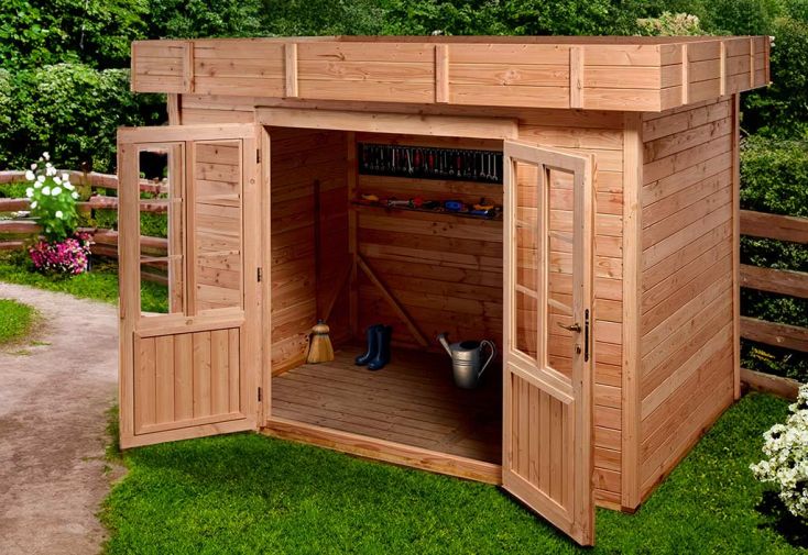 Abri de jardin en bois Douglas brut 28 mm toit plat Dhana – 6 m²