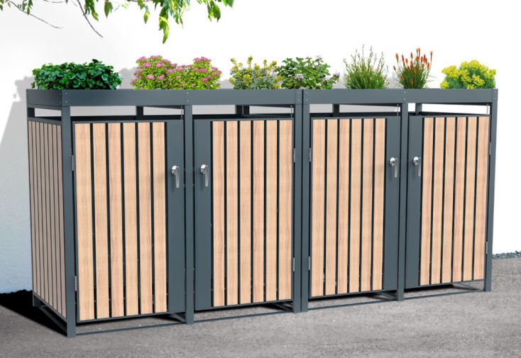 Cache-poubelle en acier effet bois - 86 x 264 x 124 cm (4 poubelles)