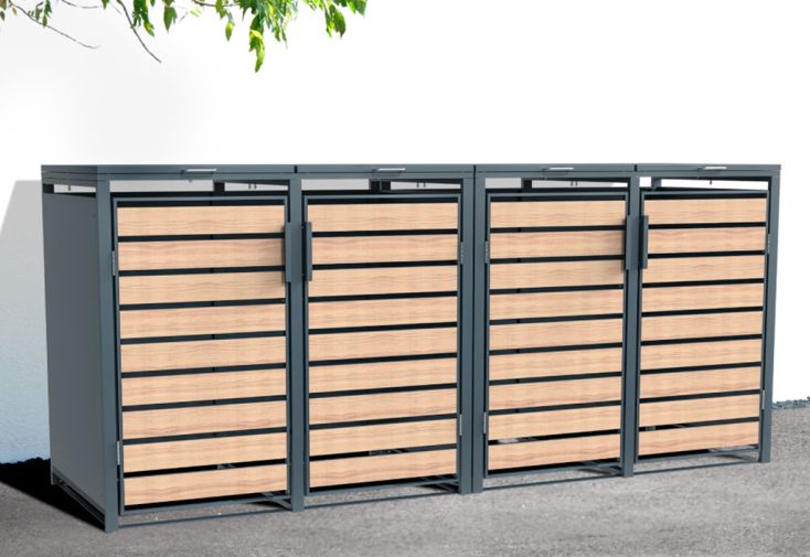 Cache-poubelle en acier effet bois - 80 x 264 x 116 cm (4 poubelles)
