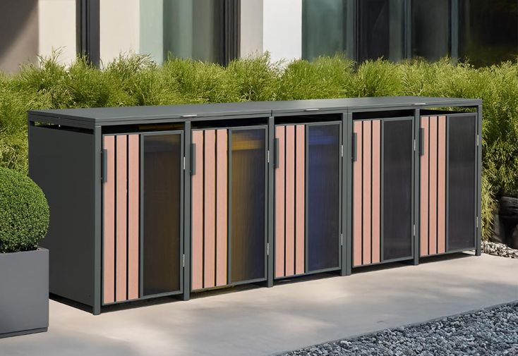 Cache-poubelle en acier galvanisé - 80 x 330 x 116 cm (5 poubelles)