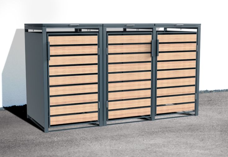 Cache-poubelle triple en acier effet bois Lacina - 80 x 200 x 116 cm