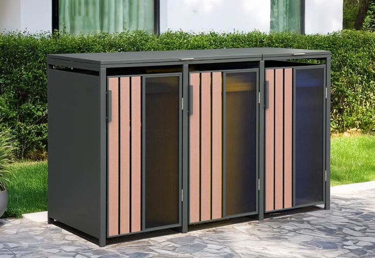 Cache-poubelle triple en acier galvanisé - 80 x 198 x 116 cm 