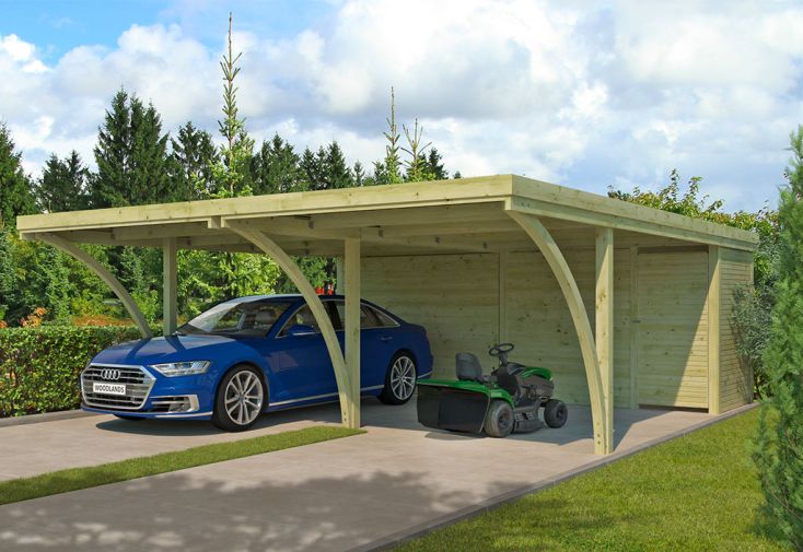 Carport double en bois d’épicéa traité + remise Milan XL 40 m²