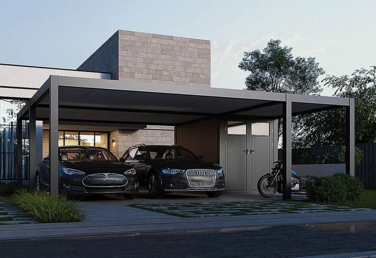 Carport double + abri de jardin en aluminium Ombréa 42 m²