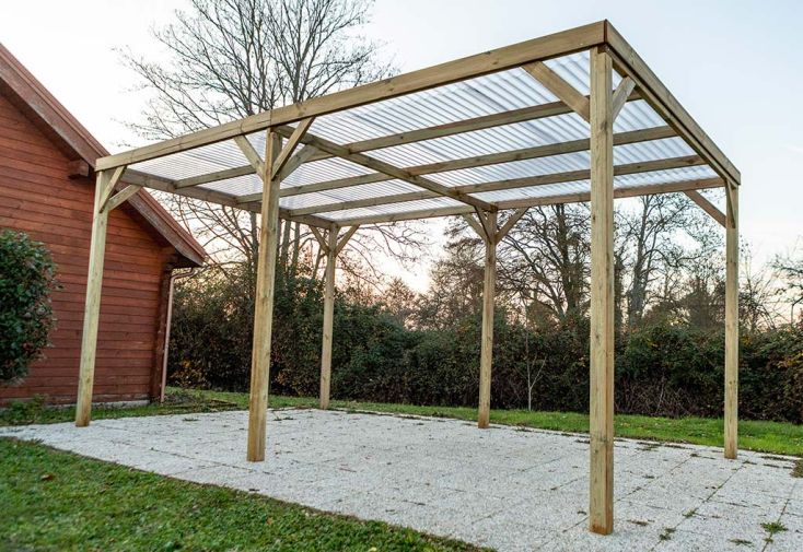 Carport en bois traité autoclave avec couverture en PVC 15 m²