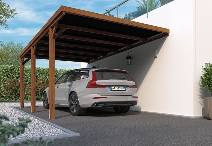 Carport adossé en bois de pin traité avec couverture polycarbonate – 16,4 m²