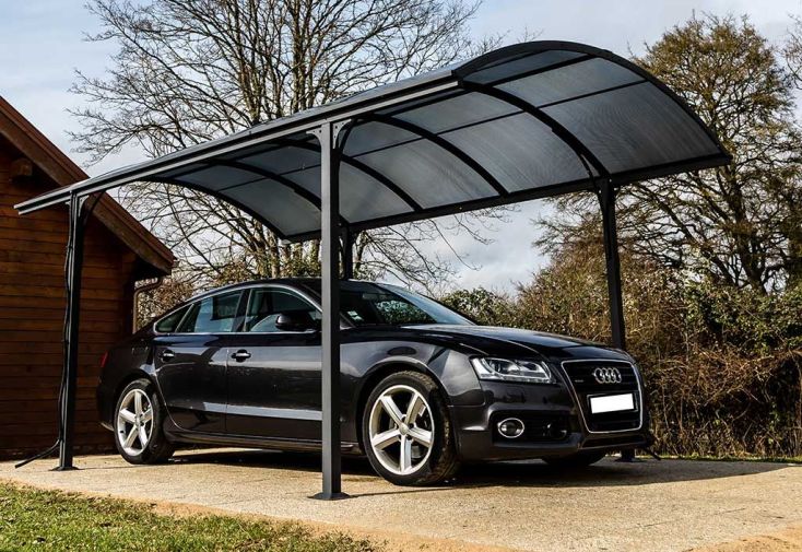 Carport Design Aluminium Toit Rond Polycarbonate 4,85 x 3 m Vis. Inox