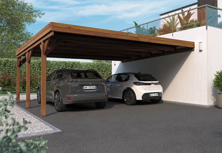Carport double adossé en bois traité avec couverture polycarbonate – 30,6 m²