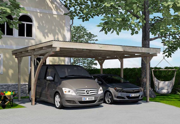 Carport Double en Bois de Pin Traité et PVC avec Arc - 25 m²