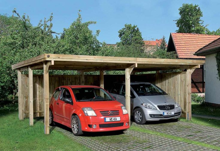 Carport double en bois de pin traité et toit acier galvanisé – 30,87 m²