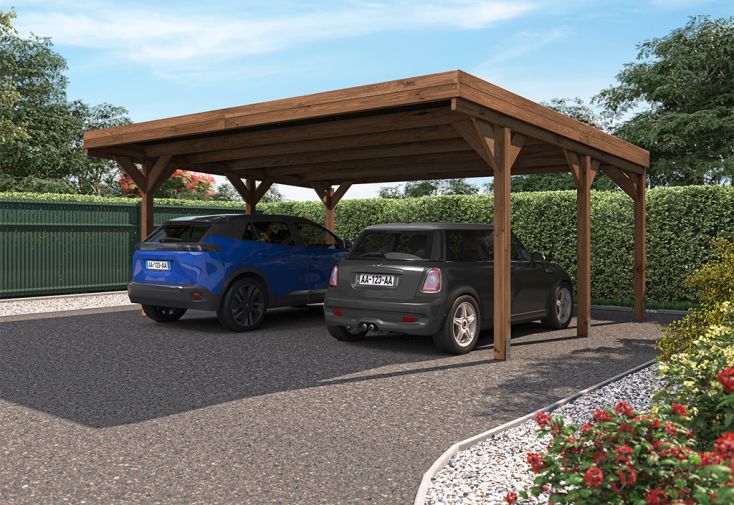 Carport double en bois traité avec couverture en polycarbonate – 30,9 m²