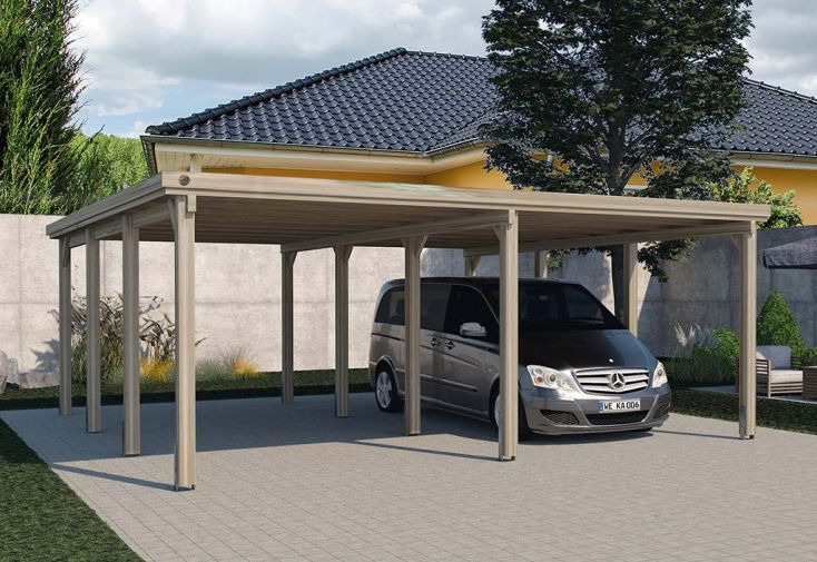 Carport double en bois de pin traité et toit acier galvanisé – 36,9 m²