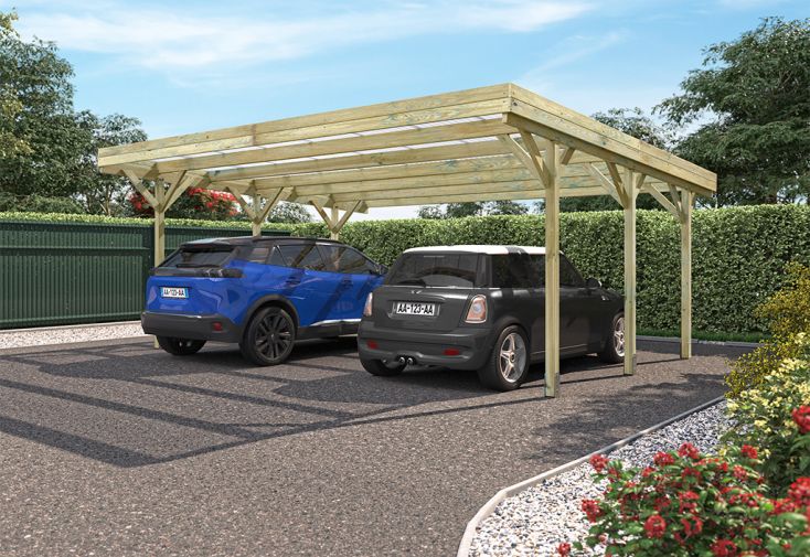 Carport double en bois de pin traité avec couverture en PVC Jean - 30,9 m²