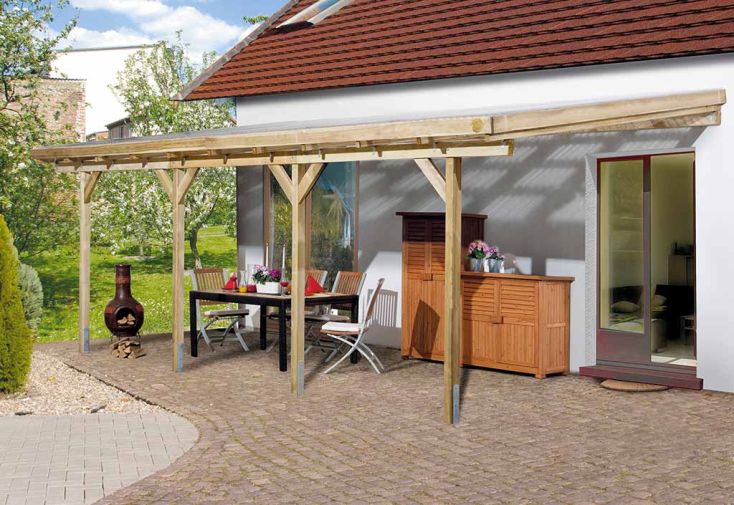 Pergola bois adossée couverte 3x7 toiture PVC - 704 x 306 cm