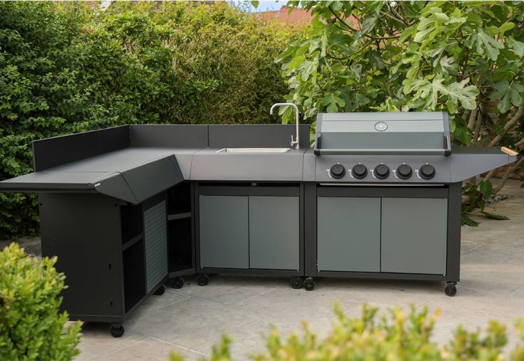 Cuisine d’été en acier époxy : barbecue à gaz et meubles + évier Burn