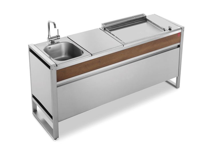 Table de cuisson avec plancha électrique en inox et évier Oasi 183C