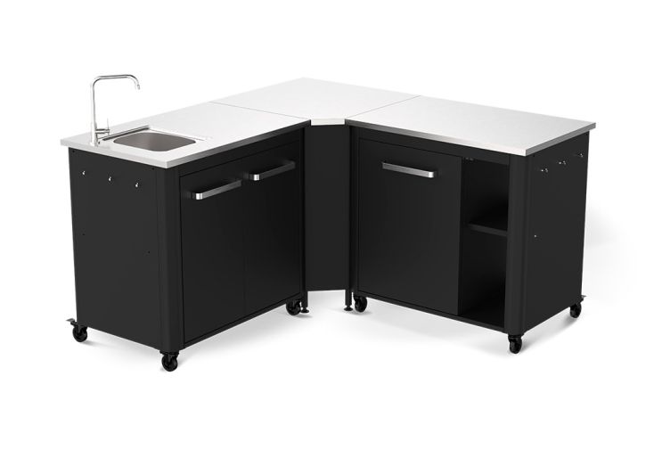 Cuisine extérieure en acier et inox : 2 meubles 90 cm + angle + évier