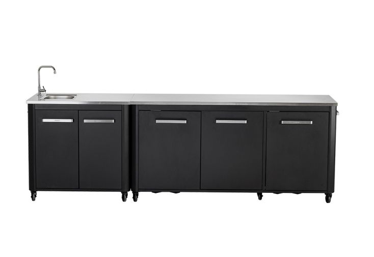 Cuisine extérieure en acier et inox : 2 meubles 180 cm + 90 cm + évier