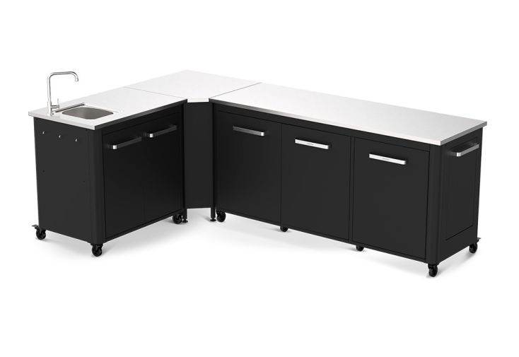 Cuisine extérieure en acier et inox : 2 meubles + angle + évier