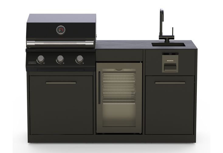 Cuisine extérieure inox noir : grill gaz 11 kW, frigo, évier - Lite 300