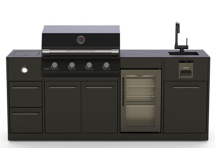 Cuisine extérieure inox noir : grill gaz 15 kW, frigo, évier - Lite 400