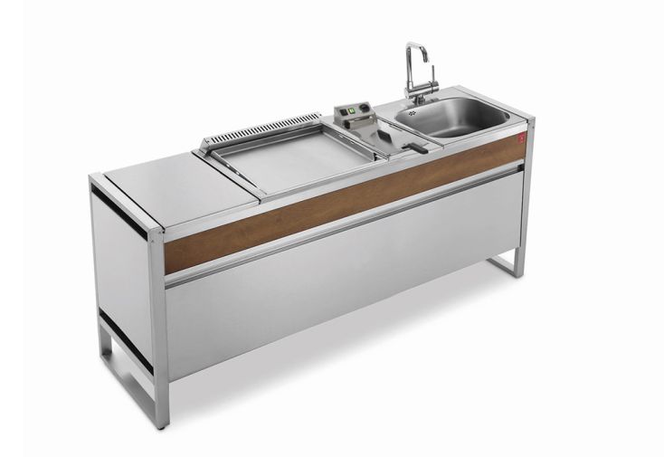 Table de cuisson en inox avec plancha à gaz + friteuse + évier + mitigeur Oasi 205C