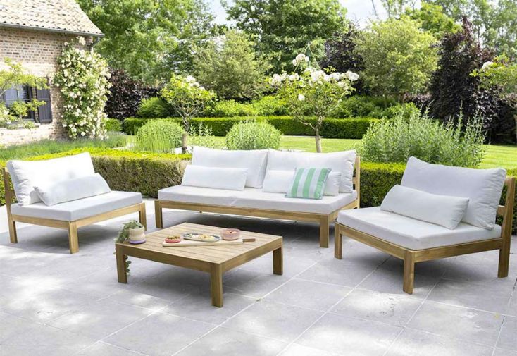 Salon de jardin en teck avec coussins blancs 4 places - Touquet