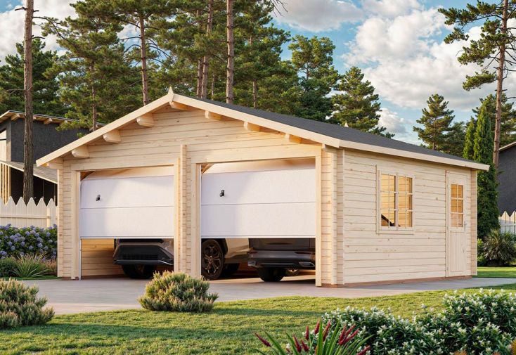 Garage double en bois brut 44 mm avec porte au choix - Roger 28 m² 