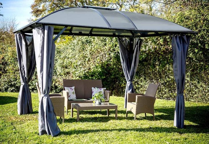 Tonnelle gloriette en aluminium et polycarbonate + rideaux 10 m²