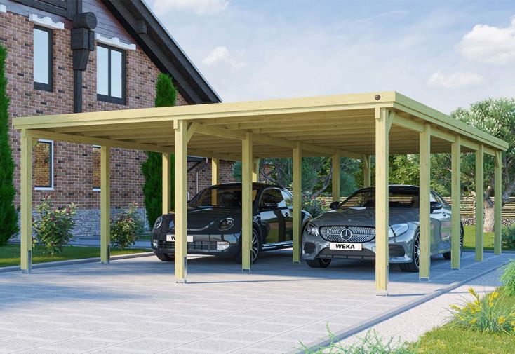Carport double en bois de pin traité et toit acier galvanisé – 47,27 m²