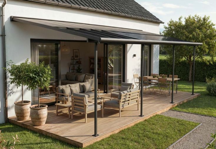 Pergola adossée avec toit rétractable en polycarbonate Sierra – 27,6 m²