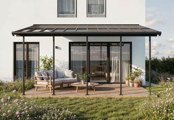Pergola adossée avec toit rétractable en polycarbonate Sierra – 22 m²