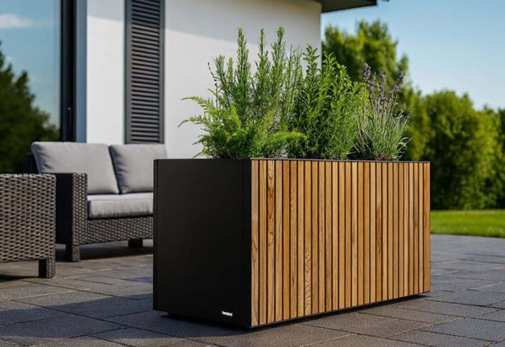 Jardinière rectangulaire en acier et bois de pin – 100 x 50 x 50 cm