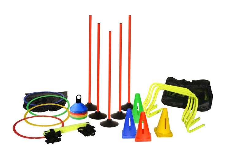 Kit d'entraînement de football : coupelles + haies + cônes + cerceaux + échelle + jalons