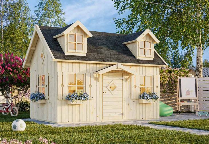 Maisonnette pour enfant en bois de pin brut - Marie