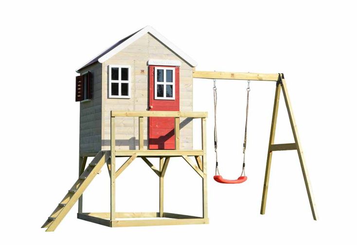 Maisonnette pour enfant en bois brut avec portique balançoire Zèbre