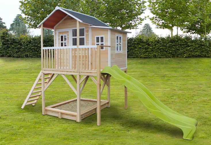 Maisonnette Enfant en Bois de Cèdre avec Toboggan Loft 750 (5 Coloris)