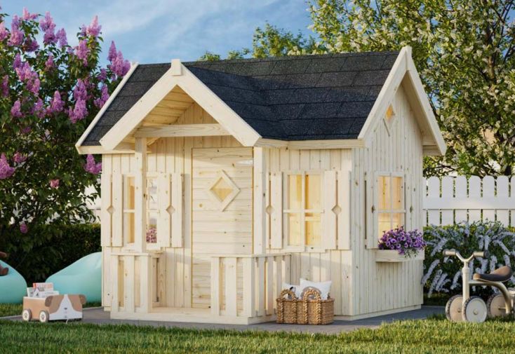 Maisonnette pour enfant en bois de pin brut - Jennie