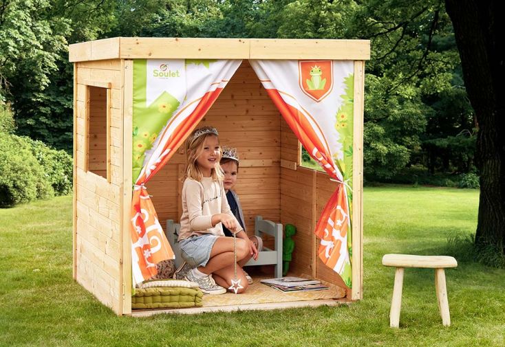 Cabane enfant en bois Soulet avec tissu imprimé – Rideau - Soulet