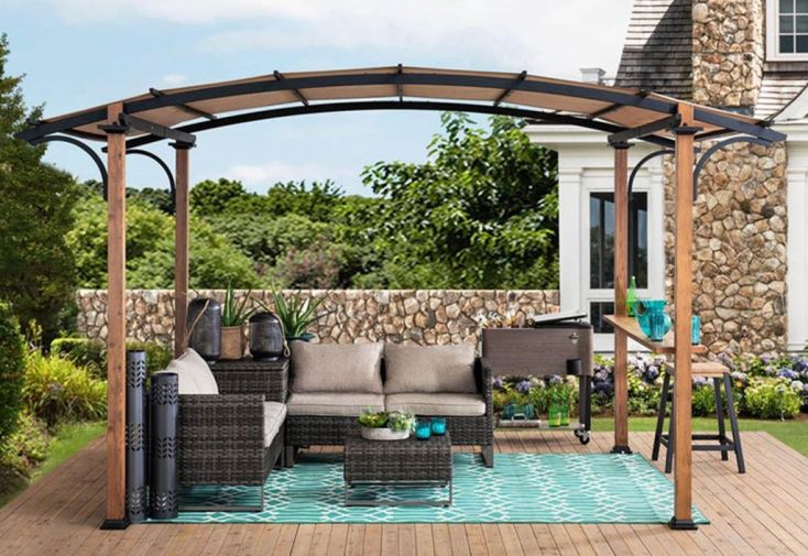 Pergola en acier effet bois + toile d’ombrage Skuta – 10,5 m² 