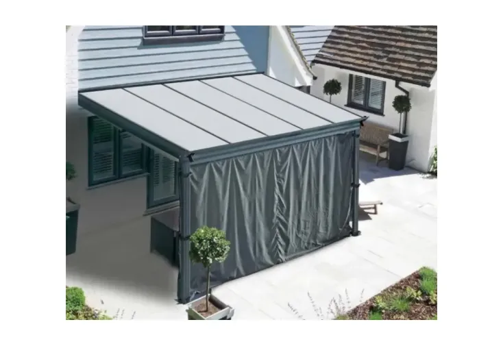 Pergola adossée en aluminium et polycarbonate 5 x 3 m + rideaux