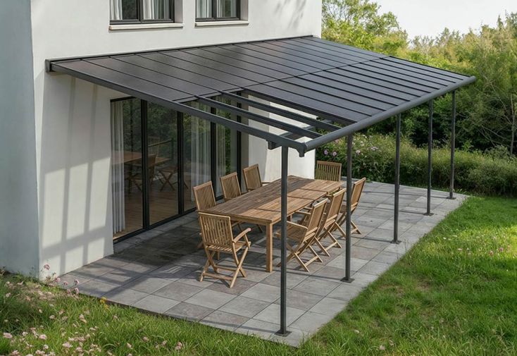 Pergola adossée avec toit rétractable en polycarbonate Sierra – 25,7 m²