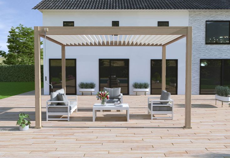 Pergola bioclimatique Ombréa en aluminium 3 x 4 m autoportée - imitation bois