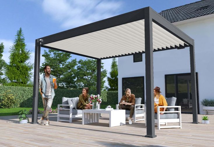 Pergola bioclimatique Ombréa en aluminium 3 x 4 m autoportée + 1 store 4 m