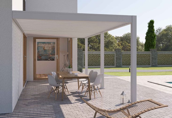 Pergola bioclimatique Ombréa en aluminium 3 x 6 m adossée - Blanche